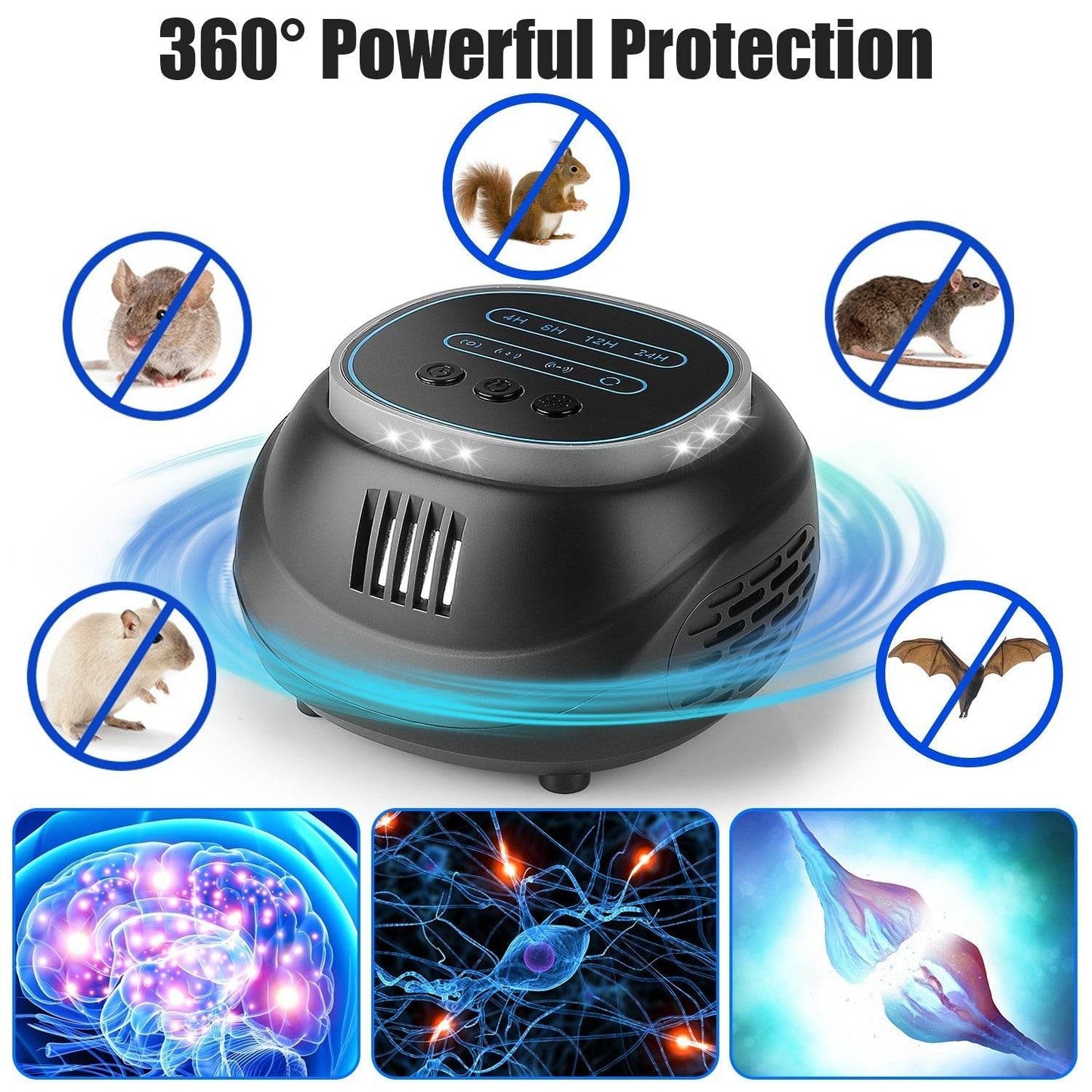 1Pc Ultrasonic Rodent Chaser Rat Repellent Pest Driver Mouse Control Squirrel Repeller With 4 Modes 4-65KHz Strobe Light 4 Timer 1292sq.ft. Coverage For Rodent Mouse Rats Squirrels Bats - Velora