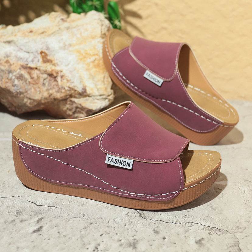 Summer Wedge Slides Slippers Fashion Fish Mouth Thick Bottom Roman Shoes Solid Color Beach Sandals For Women - Velora