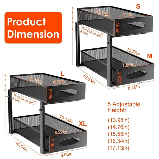 2Pcs Under Sink Organizer 2 Tier Pull Out Cabinet Baskets Storage Shelf Sliding Storage Drawers Rack With 5 Adjustable Height Mesh Baskets For Home Kitchen Bathroom Office - Velora