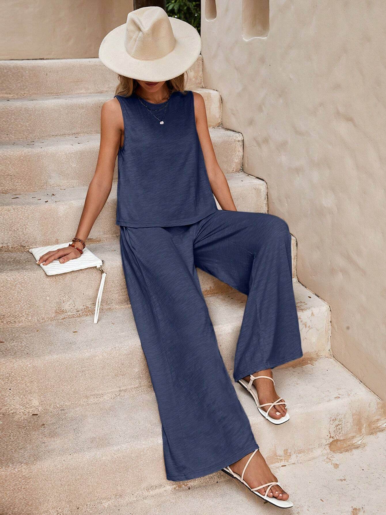Solid Color Casual Loose Pants Sets For Women Elegant Spring Summer Women's Two Pieces Suit Full Trouser Set Female Outfit Clothes - Velora
