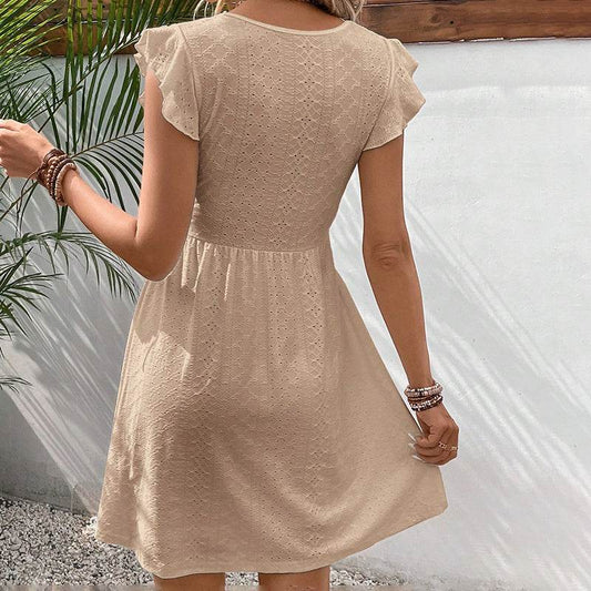 Women's V Neck Lace Mini Dresses Casual Summer Ruffle Sleeve Crochet Sundresses - Velora