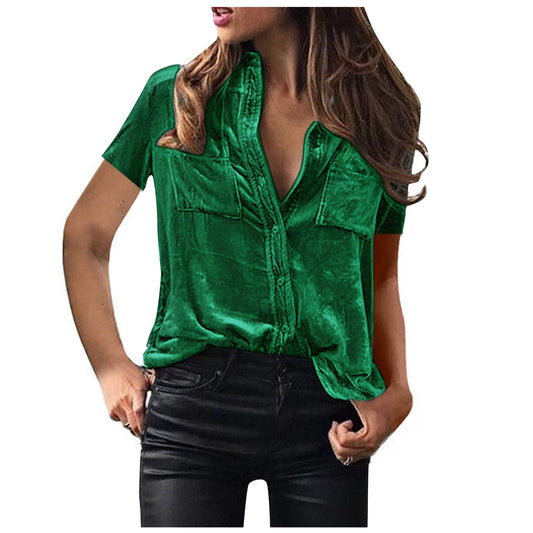 European And American Spring And Summer Pocket Short Sleeve Suede Shirt For Women - Velora