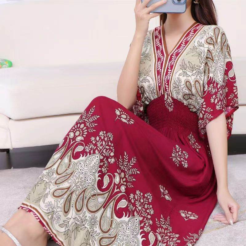 Cotton Silk Floral Dress Women's Summer Ethnic Style V-neck Short Sleeve Pastoral Style Skirt - Velora