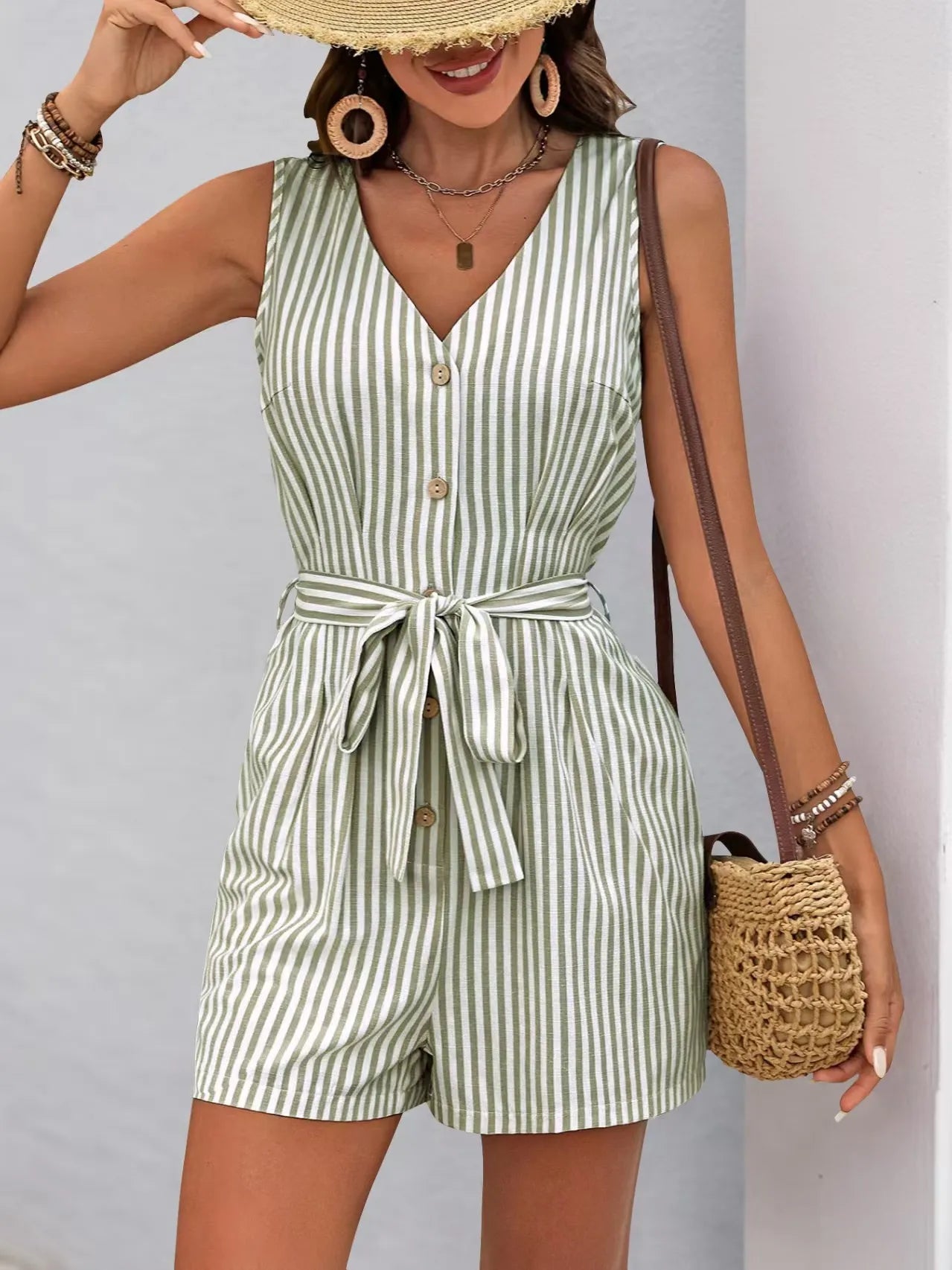 Striped V-neck Button Front Belted Romper - Velora