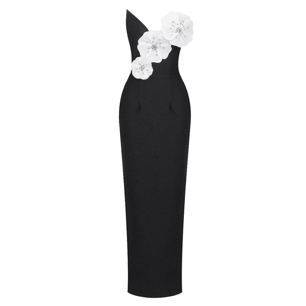 Black Backless Bandage Chest White Exquisite Flower Decorative Dress For Women Dress - Velora