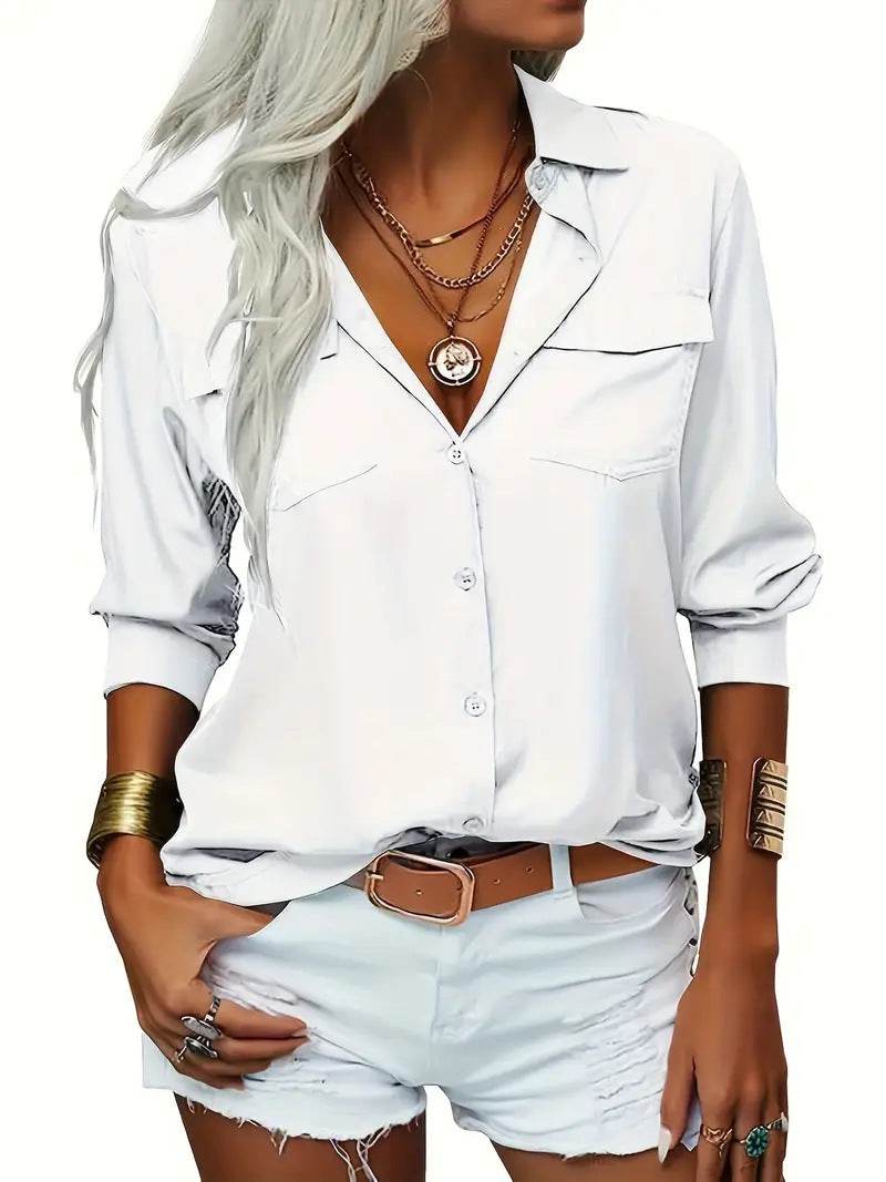 Women's Elegant Solid Chiffon Blouse Spring Summer Casual Long Sleeve V Neck Loose Shirt Office Lady Tunics Tops - Velora