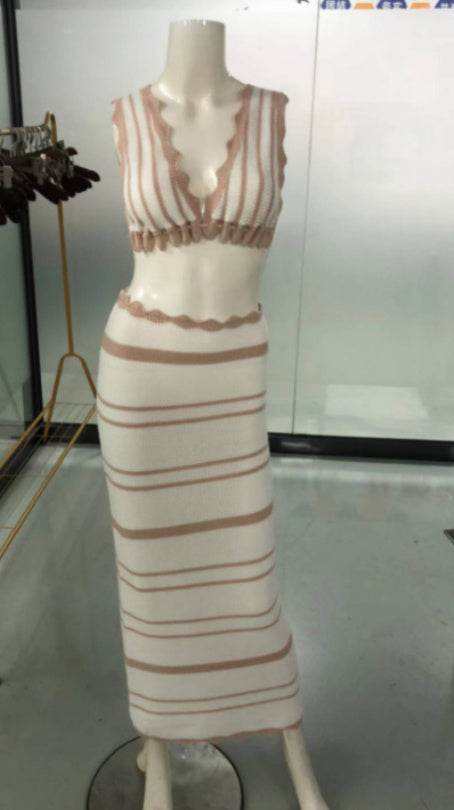 2pcs Striped Bikini Casual Vest Sling Top Suit Beach Summer Y2K Long Dress Suits For Women - Velora
