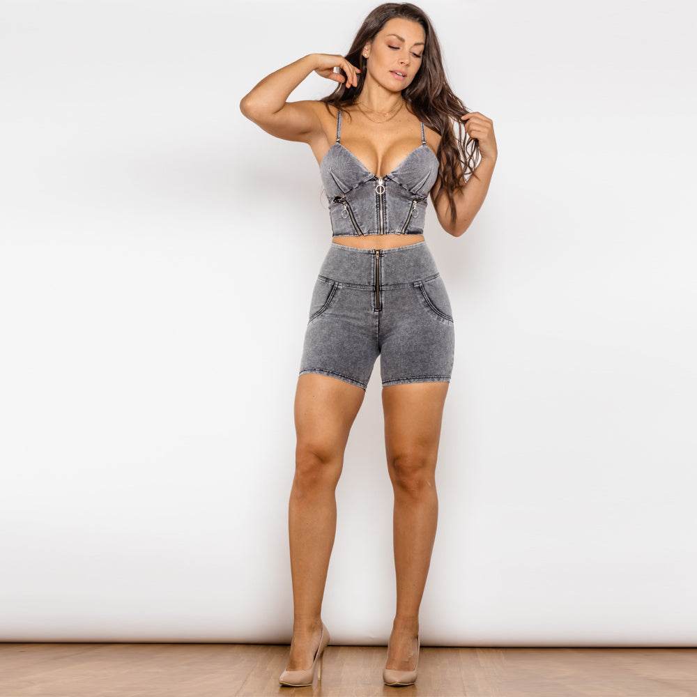 Shascullfites Shaper Set Grey Jeans Short Set Zipper Tanks Crop Top Female Club Party 2 Piece Sets Womens Outfits Summer - Velora