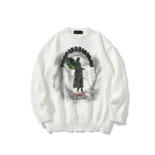 Men's Gothic Angel Wings Embroidered Knit Sweater - Velora