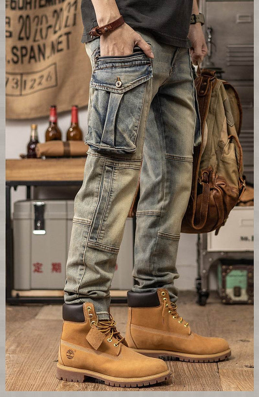 Sprin Autumn Retro Slim Fit Straight Leg Casual Distressed Denim Jeans Cargo Pant Men - Velora