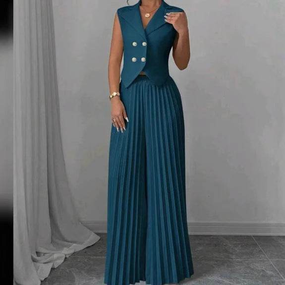 Summer Sleeveless Suit Fashion Lapel Button Vest Top And Pleated Straight Pants Women's Trousers Set Clothing - Velora