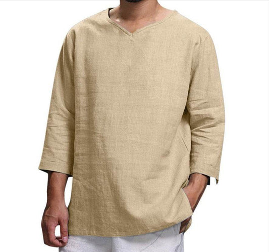 Loose Casual V-neck Top Cotton And Linen Long Sleeve Pullover Shirt Mens Clothing - Velora