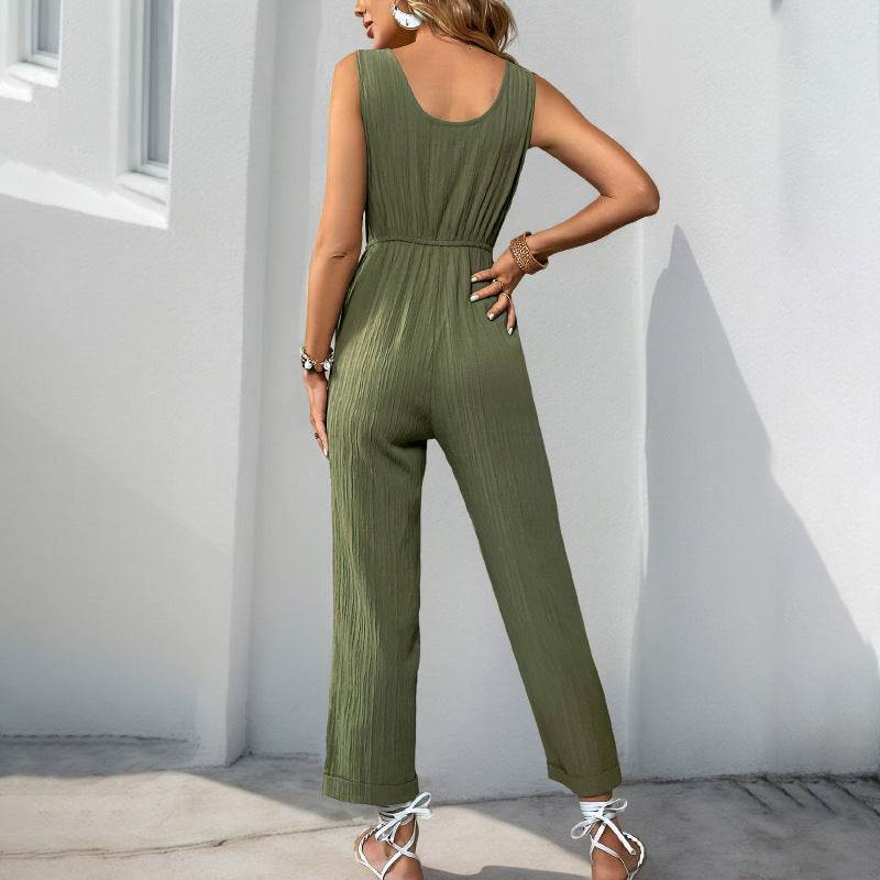 V-neck Sleeveless Jumpsuit With Belt And Pockets Summer Fashion Beach Pants Women's Clothing - Velora