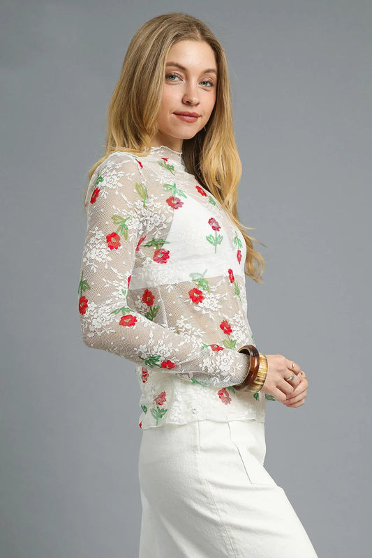 Umgee Floral Mock Neck Long Sleeve Sheer Top - Velora