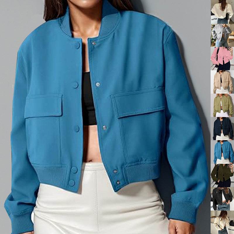Fashion Button Stand-collar Jacket With Big Pockets Casual Loose Short Outwear Tops Coat For Women Clothing - Velora