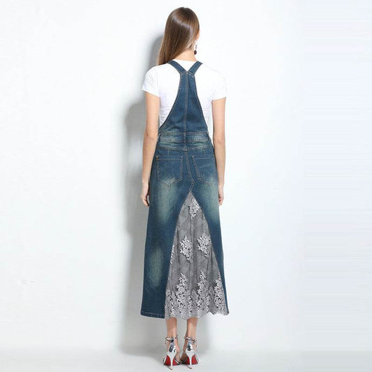 Embroidered Lace Denim Midi Jumper Dress European and American Style