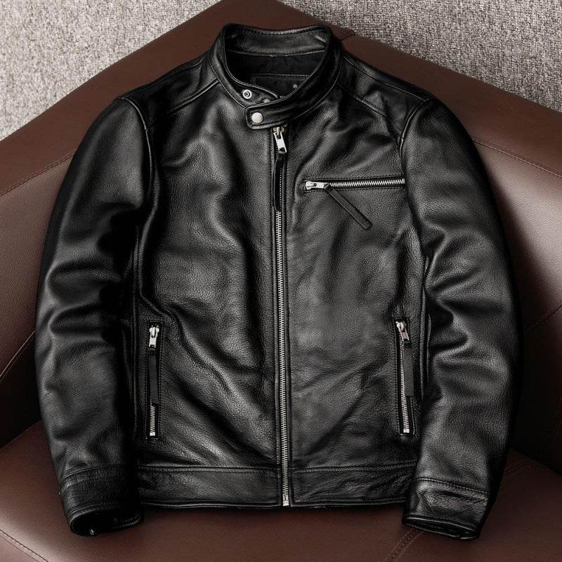 Leather Men's Stand Collar Leather Jacket Coat Youth - Velora