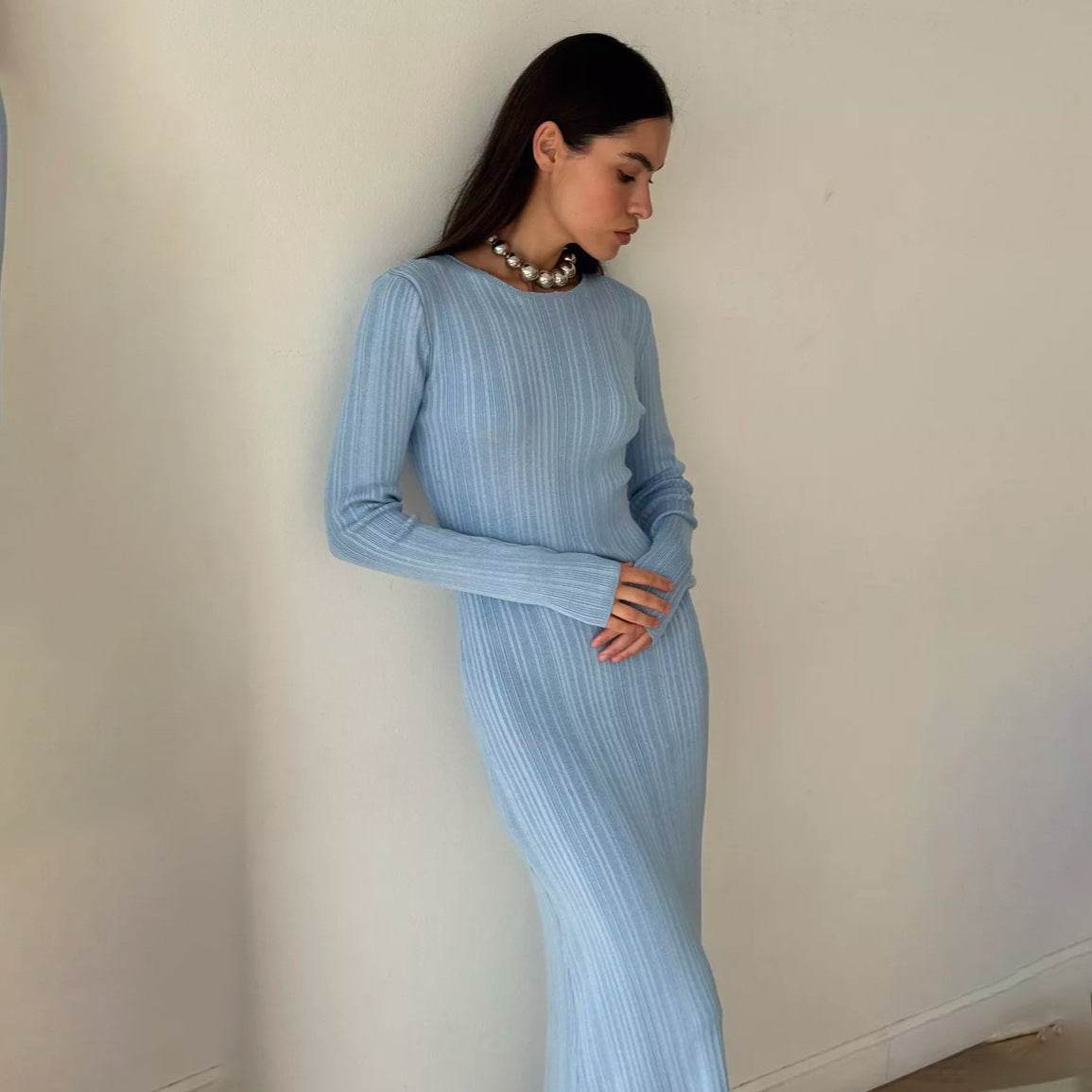 Sunken Stripe Waist-tight Hip Knitwear Dress Long Sleeve - Velora
