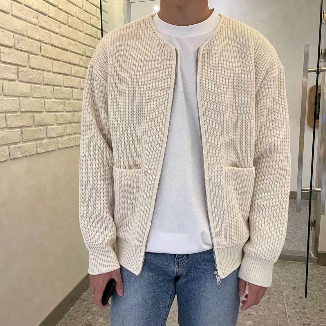 Men Zip Up Knitted Cardigan Lined Funnel Neck Jumper Sweater Pockets Coat All Seasons Comfortable Soft Long Sleeve - Velora