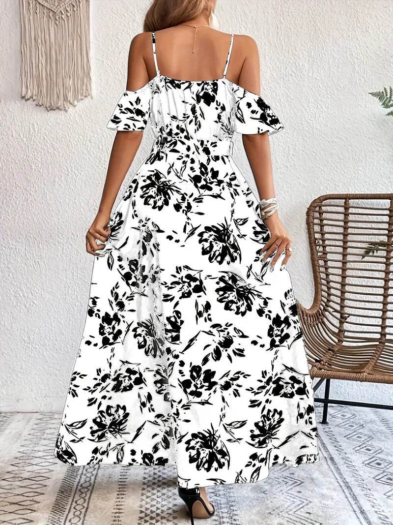 Ins Off-Shoulder Split Dress Summer Floral Print Suspender Long Dresses With Belt Design Women's Beach Clothing - Velora