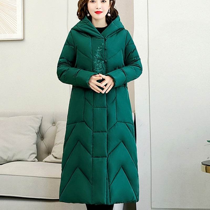 Plus Size Overknee Long Warm Hooded Cotton Jacket - Velora