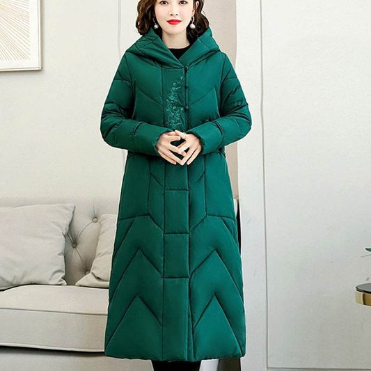 Plus Size Overknee Long Warm Hooded Cotton Jacket - Velora