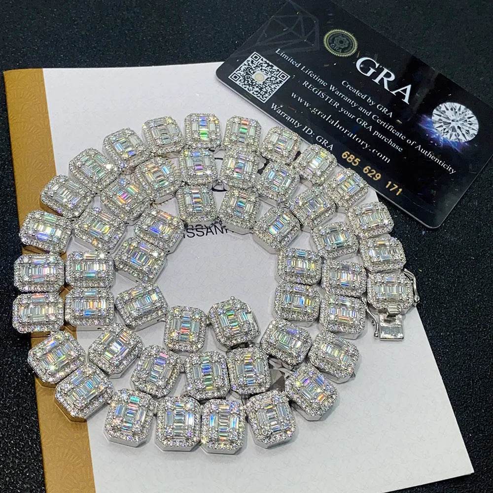 S925 Silver Inlay Rectangular Moissanite Diamond Cuban Link Chain