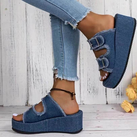 Fashion Denim Buckle Wedges Sandals Summer Outdoor High Heel Slippers Thick Bottom Camouflage Shoes For Women - Velora