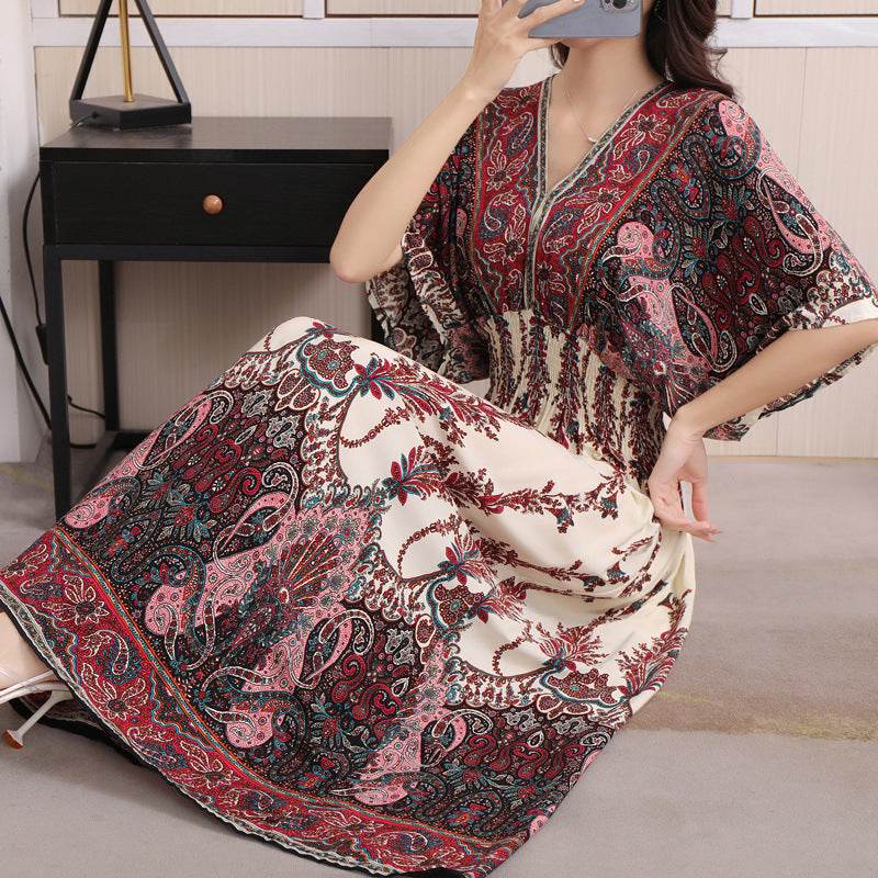 Cotton Silk Floral Dress Women's Summer Ethnic Style V-neck Short Sleeve Pastoral Style Skirt - Velora