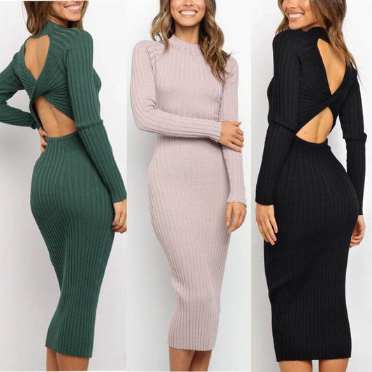 New Style Women's Suits Sweater Dresses Women's Solid Color Backless Bow Tight Dresses - Velora