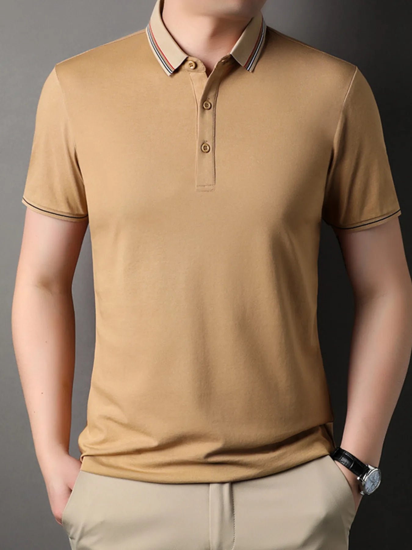Men's Plus Size Striped Collar Short Sleeve Casual Polo Shirt - Velora