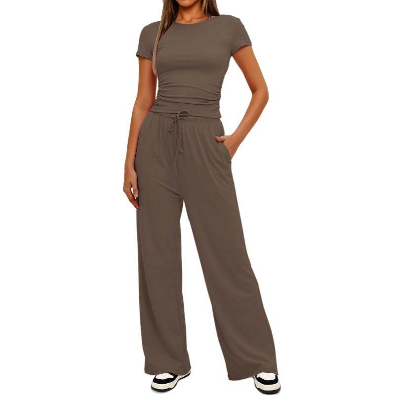 Fashion Casual Set Pleated Short Sleeves Top And Trousers - Velora