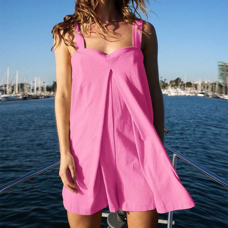 Solid Color Loose Square Collar Jumpsuit Summer Fashion Shorts Sweet Suspender Skirt Pants For Womens Clothing - Velora