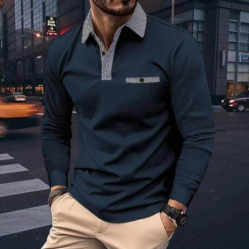 Leisure Plaid Lapel Polo Shirt Fashion Solid Color Long Sleeve Tops Men's Clothing - Velora