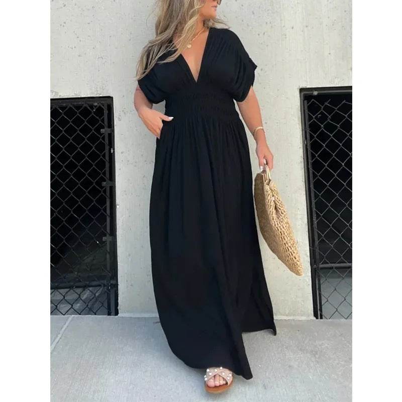 Fashion Bat-sleeved V-neck Slit Dress Summer Short Sleeve Elastic Waist Long Dresses Womens Clothing - Velora