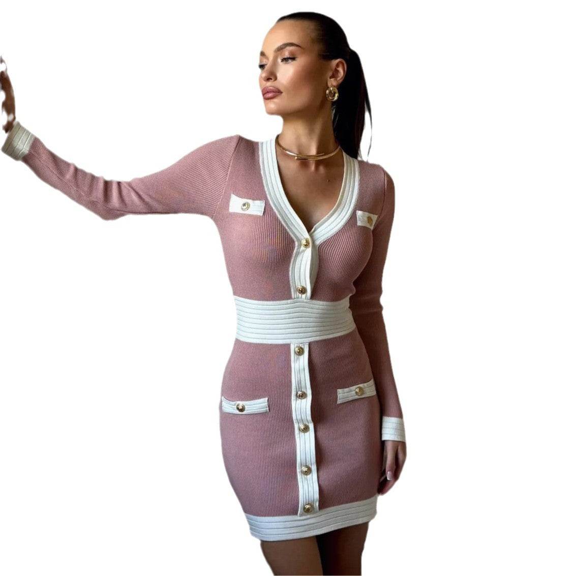 Elegant Contrast Color Tight Waist Sheath Dress Long Sleeve - Velora