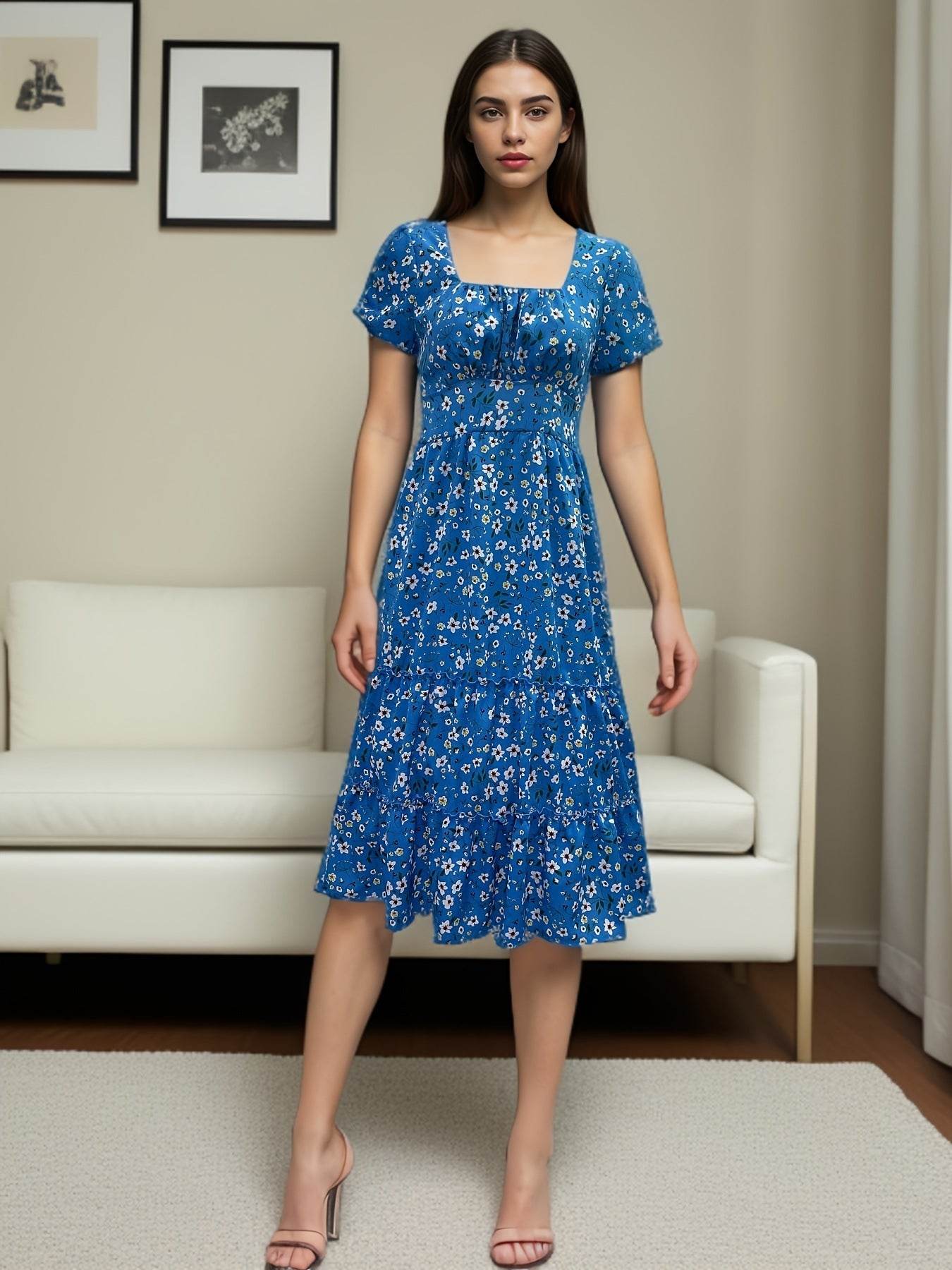Square Collar Short Sleeve Dress Summer Puff Floral Printed Dress Long Dresses - Velora