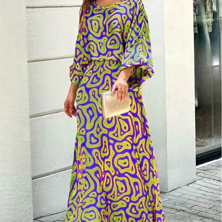 2pcs Women's Dress Suits Fashion Loose Printed Long Sleeve Top And High Waist Long Skirt - Velora