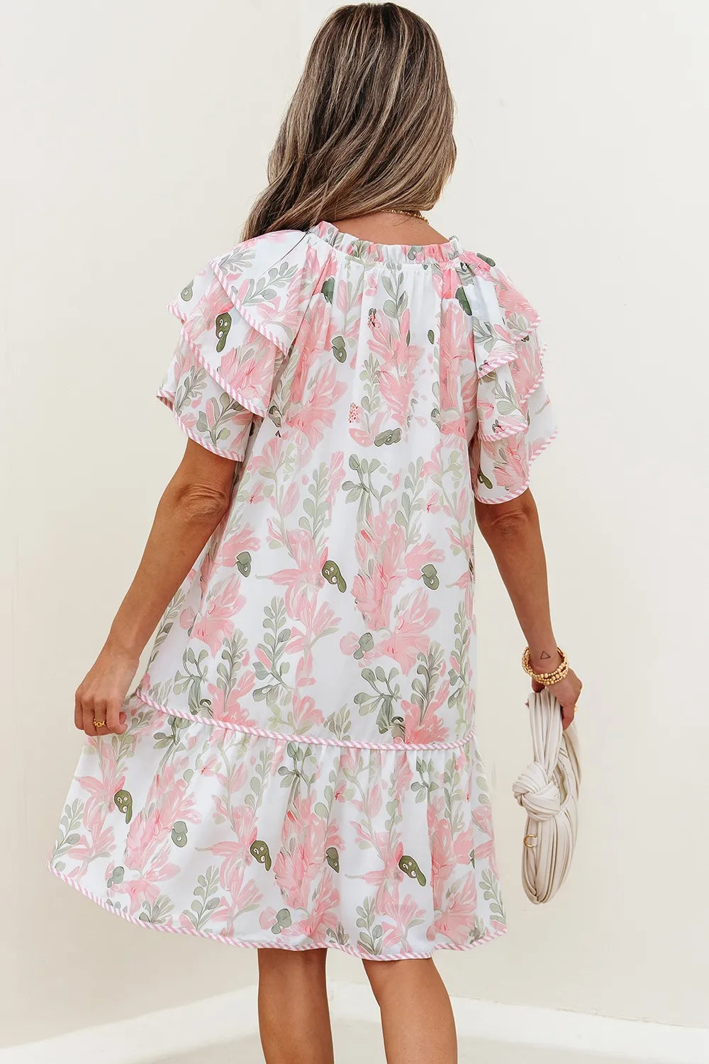 Floral Contrast Edge Layered Short Sleeve Mini Dress - Velora