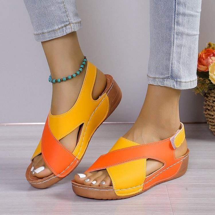 Summer Wedges Sandals With Colorblock Cross-strap Design Casual Thick-soled Roman Shoes For Women - Velora