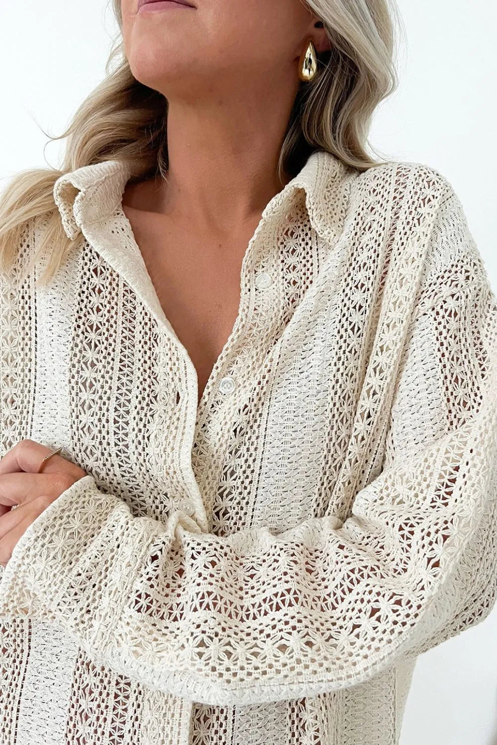 Lace Crochet Collared Neck Oversized Shirt - Velora