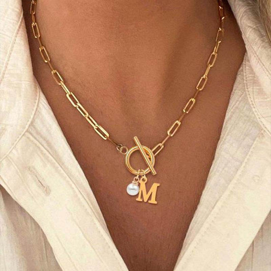 European And American 26 English Letter Necklace Stainless Steel Clip Chain Imitation Pearl Pendant For Women And Men - Velora