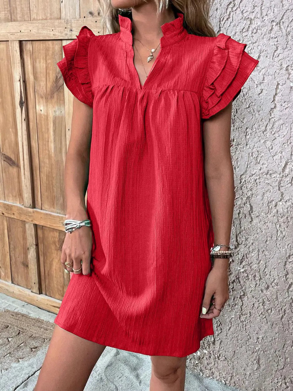 Ruffled Notched Cap Sleeve Mini Dress - Velora