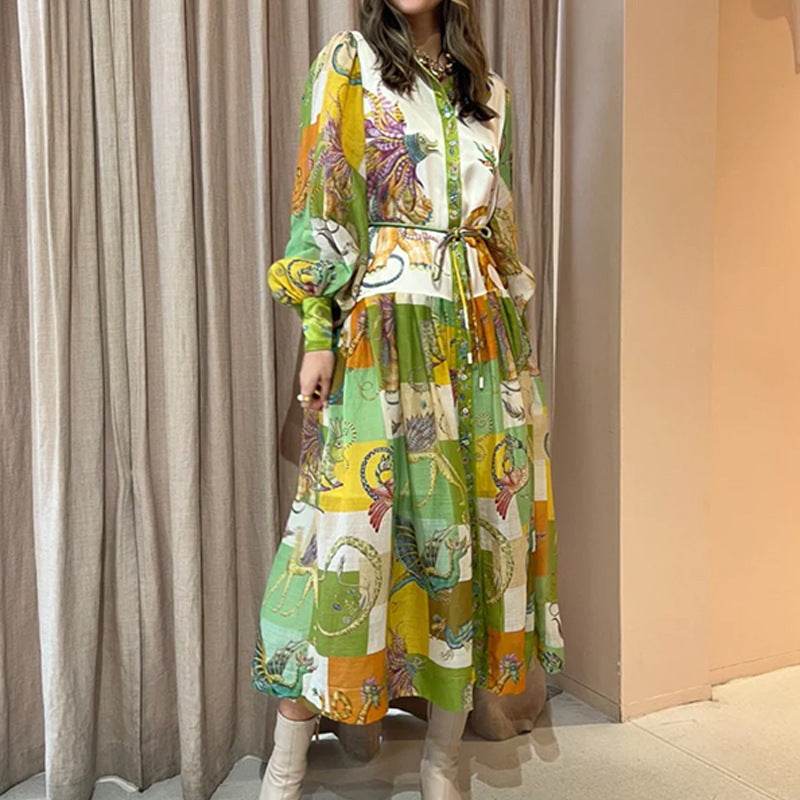 Print Holiday Women Beach Dress With Belts A-Line Long Lantern Sleeve Single Breasted Lapel Seaside Dresses Robe - Velora