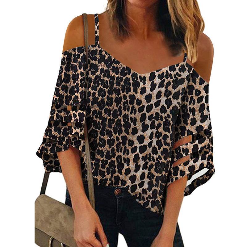 Flared Sleeve V-neck Printed Off Shoulder Sling - Velora