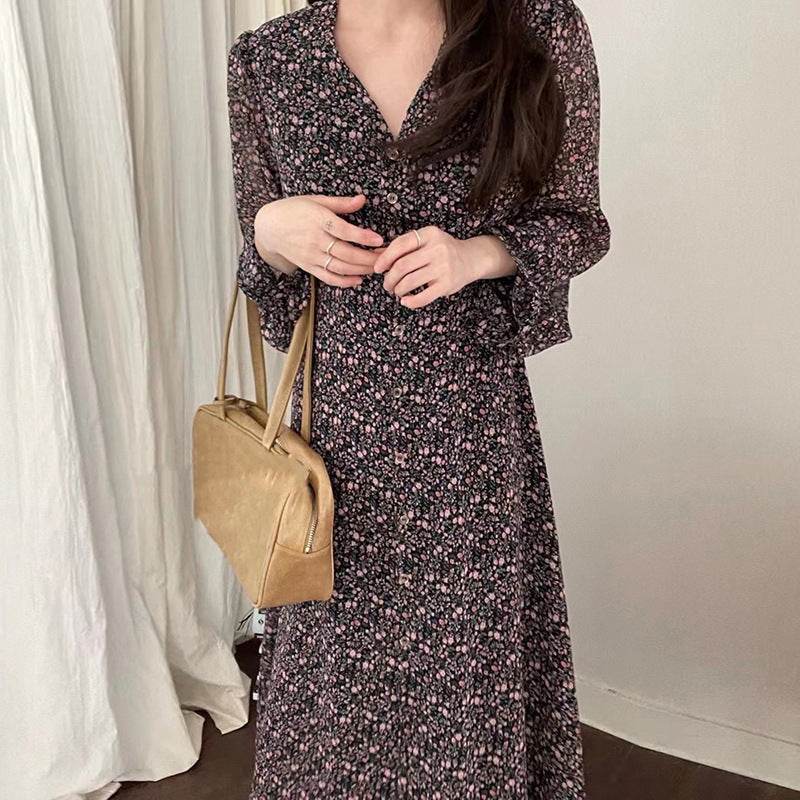 Elegant V-neck Elegant Floral Chiffon Dress - Velora