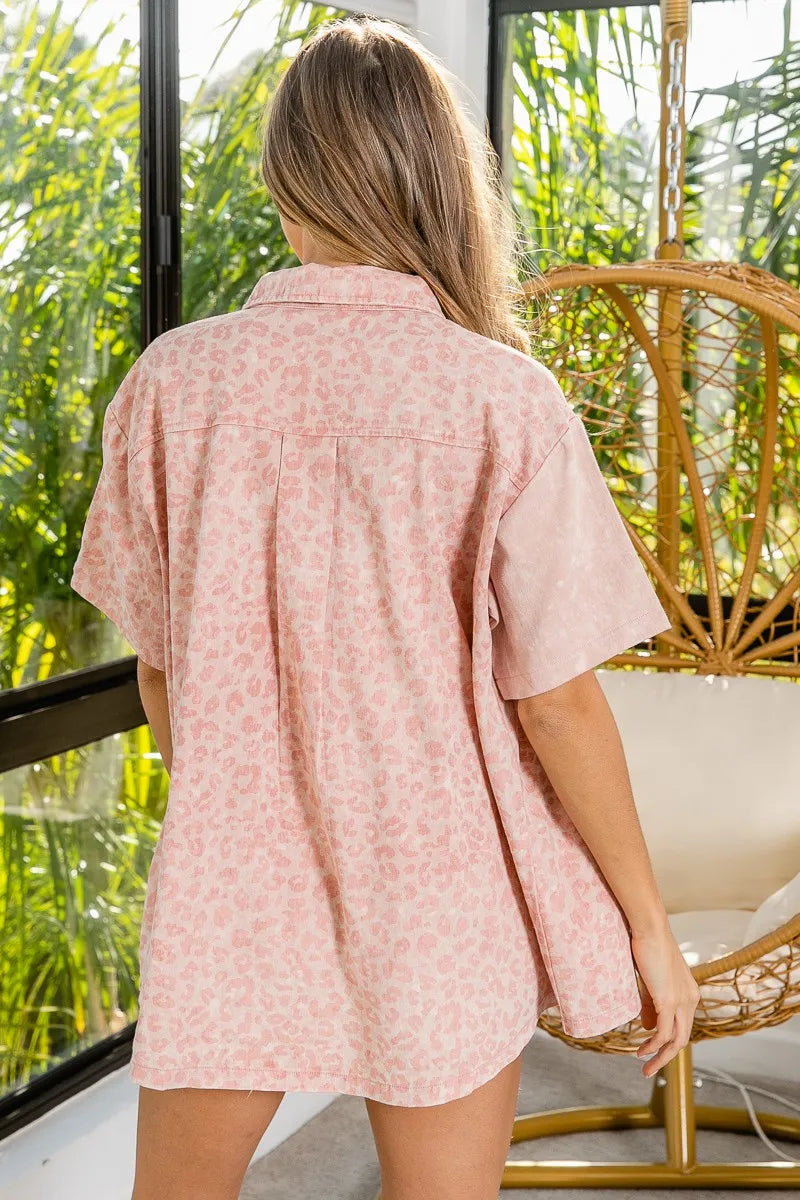 BiBi Mineral Washed Leopard Print Short Sleeve Shirt - Velora