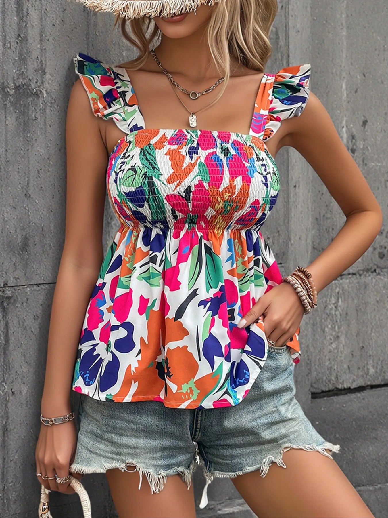 Smocked Printed Ruffled Blouse - Velora