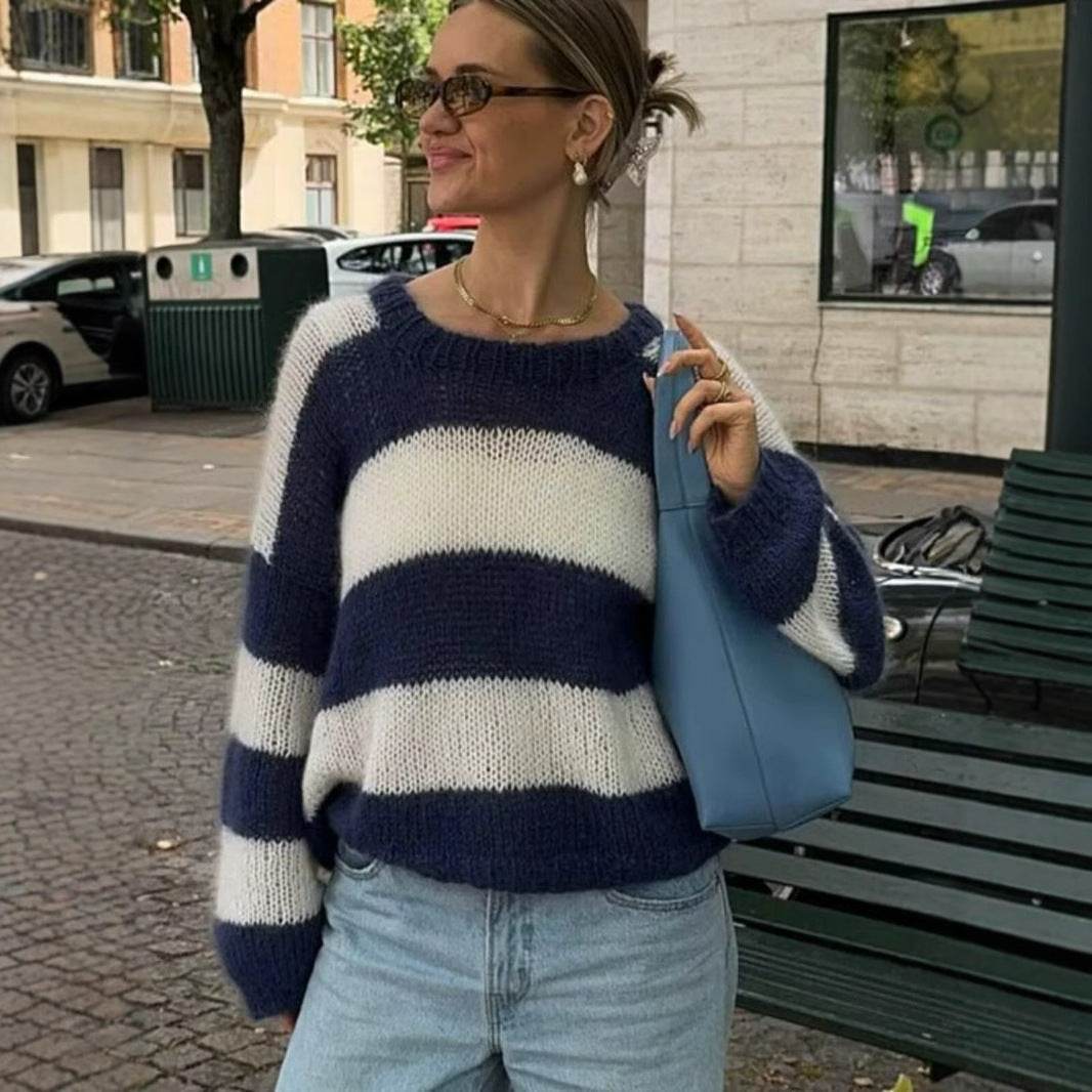 Women's Round Neck Long Sleeve Striped Sweater Top - Velora