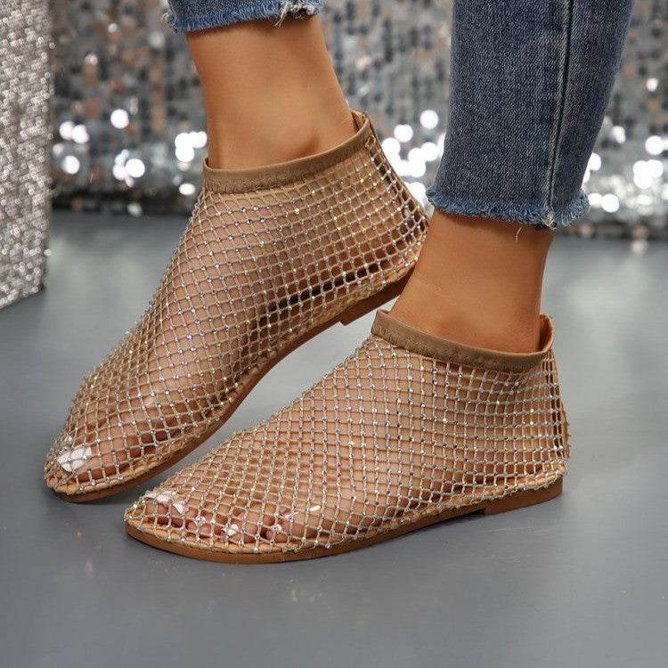 New Hollow Flat Sandals With Rhinestone Design Summer Fashion Round Toe Shoes For Women - Velora